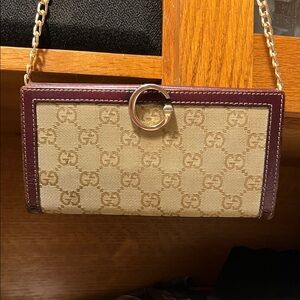 Gucci GG Canvas Continental Long Wallet with 'G' Flip Clasp & Chain and COA